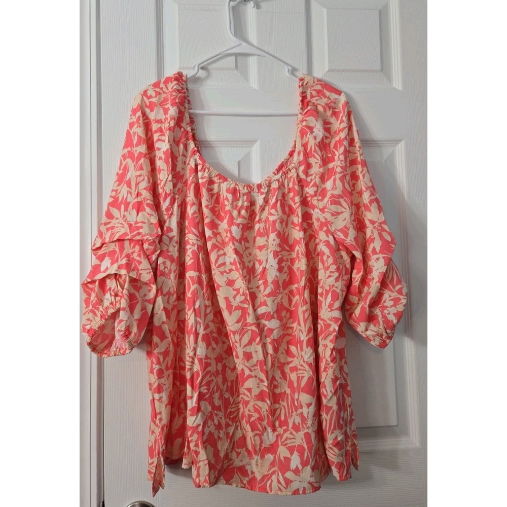 Lane Bryant SZ 22 sheer colorful feather print boatneck tunic top casual
